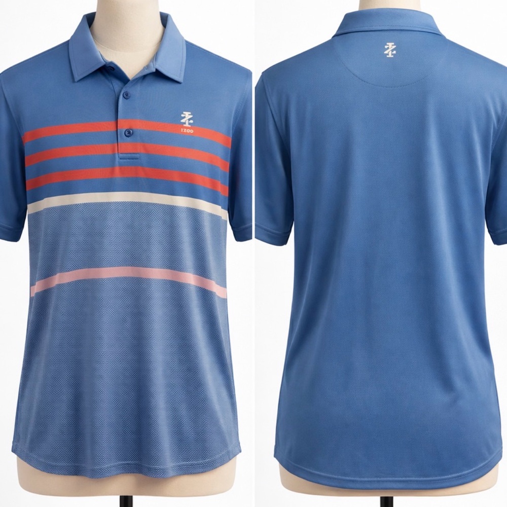 Izod Blue Polo with Red and Pink Stripes